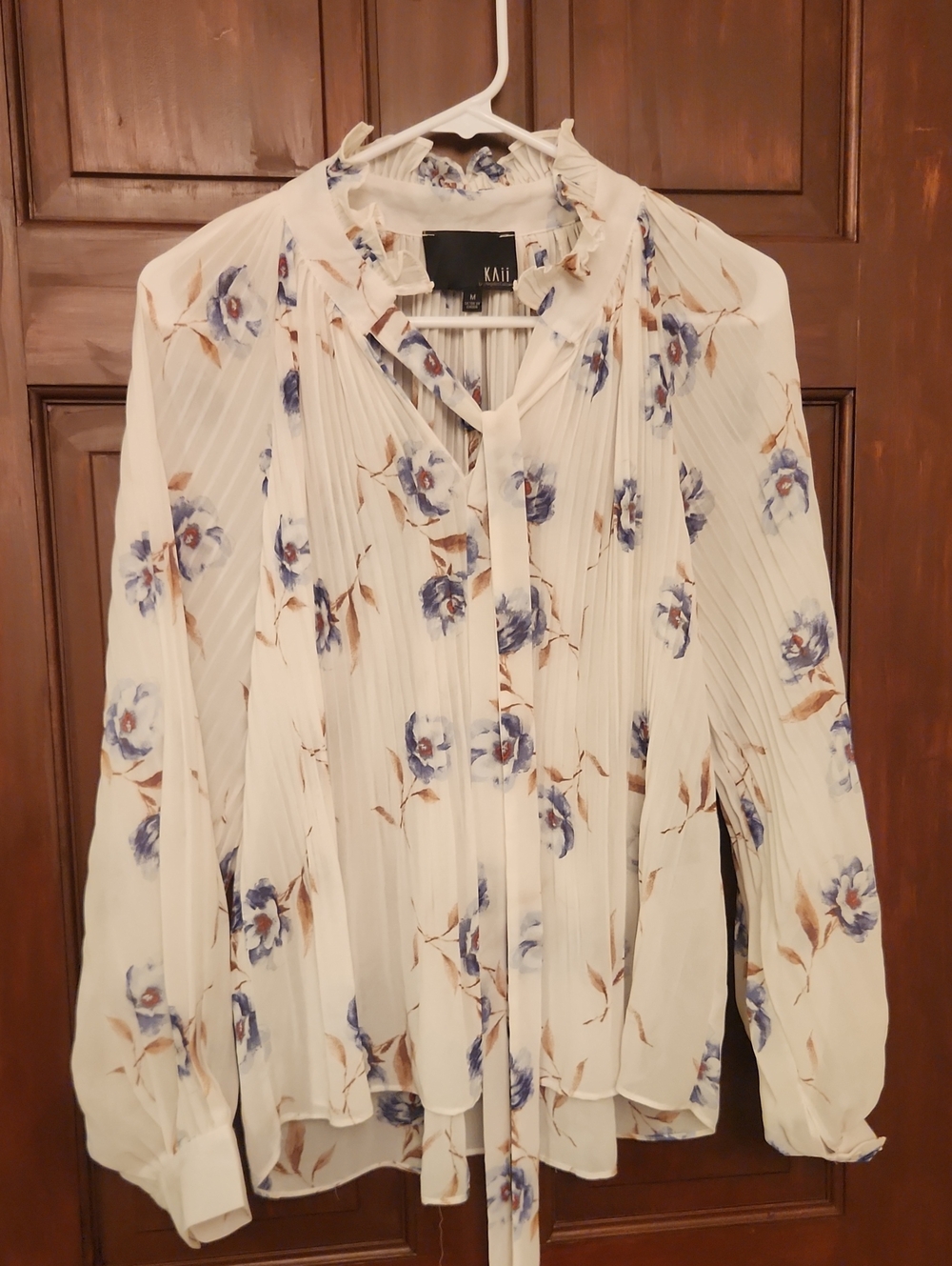 Kaii Cream Blouse with Blue Floral Print and Tie Neck